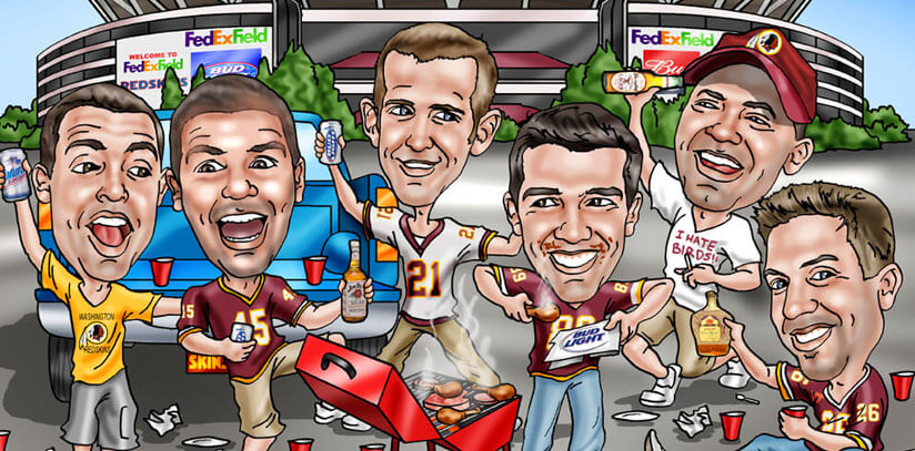 groomsmen-caricature-at-stadium - six guys tailgating outside stadium doing crazy things